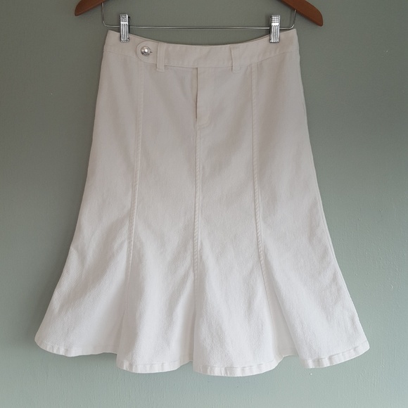 white denim skirt below the knee